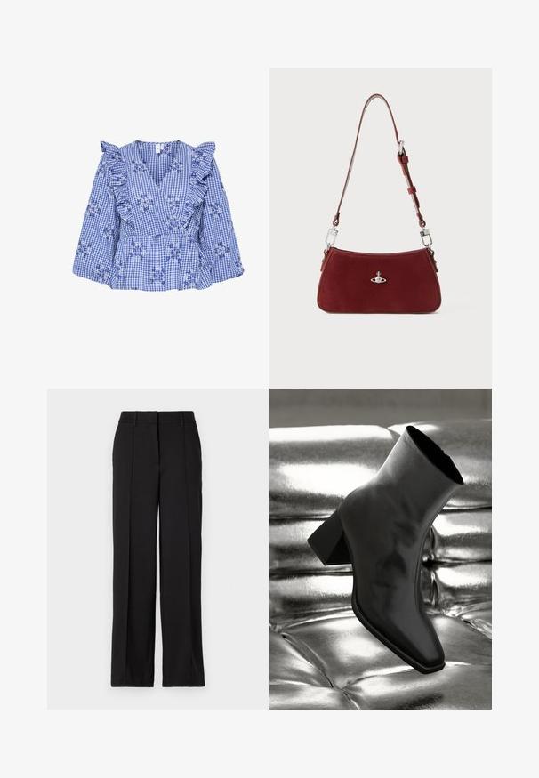 Blusa azzurra a quadretti con maniche a volant, ricamo floreale, scollatura a V e vita peplum. Tessuto di cotone con motivo a quadretti.; Pantaloni neri con design a gamba dritta, caratterizzati da due pieghe frontali, una vita e senza tasche o decorazioni visibili.; Stivale alla caviglia nero realizzato in materiale lucido con punta quadrata e tacco affusolato, posizionato su uno sfondo argentato lucido con imbottiture a sfera.; Borsa a spalla in suede rosso con forma curva. Presenta un accento in tonalità argento e una tracolla regolabile con dettagli in metallo. Texture liscia.