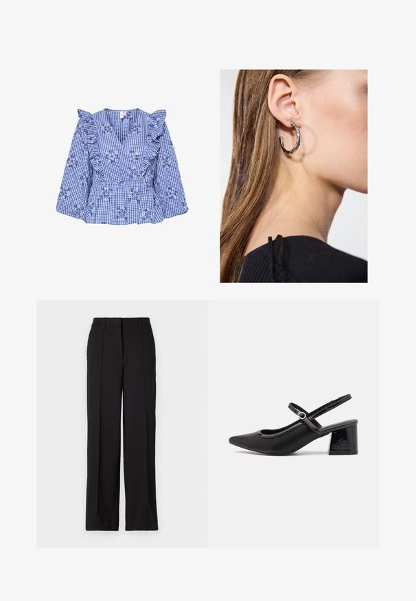 Blå gingham bluse med flagrende ærmer, blomsterbroderi, V-hals og peplum talje. Bomuldsstof med et ternet mønster.; Sorte bukser med en lige ben design, der har to forreste folder, en talje og ingen synlige lommer eller dekorative elementer.; Sorte patentlæder slingback hæle med spids tå, rund udskæring og blokhæl. Har en guldtonet spændeaccents.; Sølv hoop ørestik med en poleret overflade, prydet med små guld accenter og en rund form, båret på øreflippen.