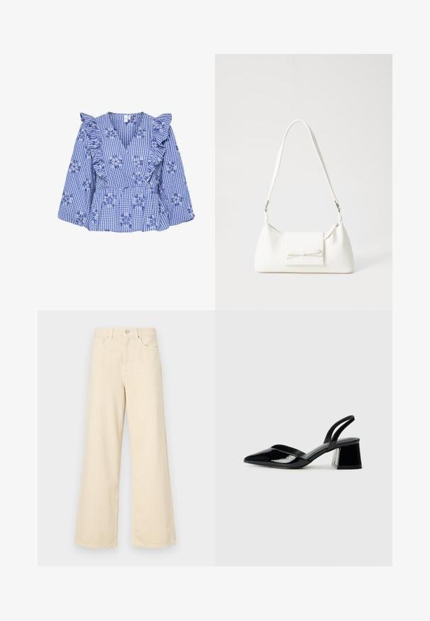 Blusa de gingham azul com mangas de volantes, bordados florais, decote em V e cintura peplum. Tecido de algodão com padrão xadrez.; Jeans de perna larga bege feitos de algodão. Apresentam um fecho de botão, passadores para cinto e bolsos frontais com uma textura lisa e suave.; Sandy em verniz preto com salto slingback, ponta afilada e salto geométrico. Apresenta um design elegante e minimalista com textura suave.; Mala sintética branca com formato triangular, aba frontal plana e detalhe de laço, alça ajustável, textura suave e design minimalista.