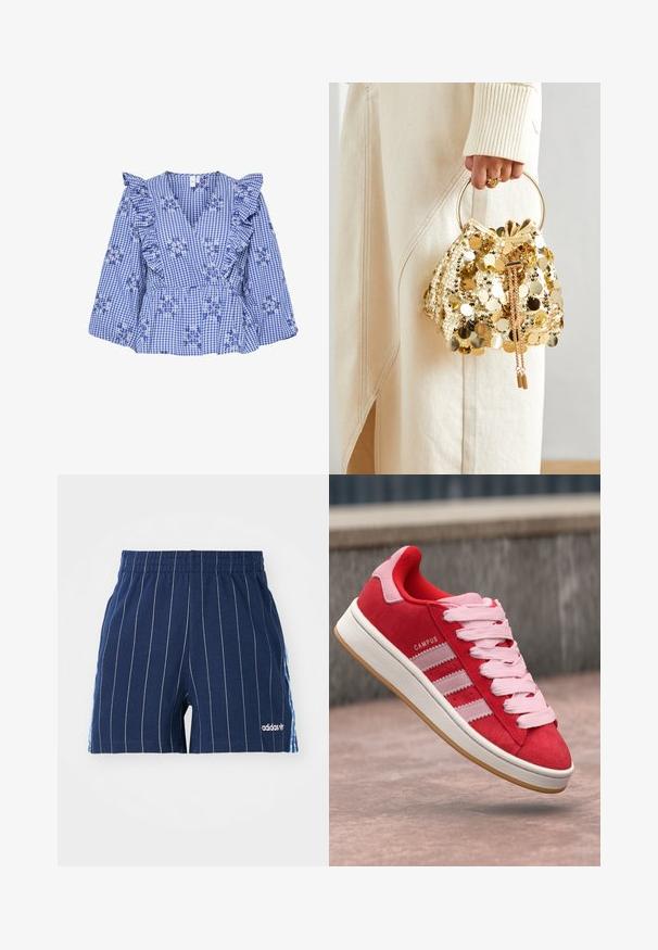 Kék kockás blúz fodros ujjakkal, virágos hímzéssel, V-nyakkal és peplum derékkal. Pamut anyag kockás mintával.; Sötétkék, fehér csíkos rövidnadrág, elasztikus derékpánttal és Adidas logóval. Az oldalsó részeken kék részletek találhatók, pamut keverék anyagból készült.; Piros velúr sportcipő rózsaszín részletekkel, három fehér csíkkal és világos rózsaszín fűzőkkel. Fehér középtalp és gumírozott talp.; Arany flitteres húzózsinóros kézitáska kör alakú fogantyúval, csillogó kerek flitterekkel és texturált anyaggal. A méretek nincsenek megadva.