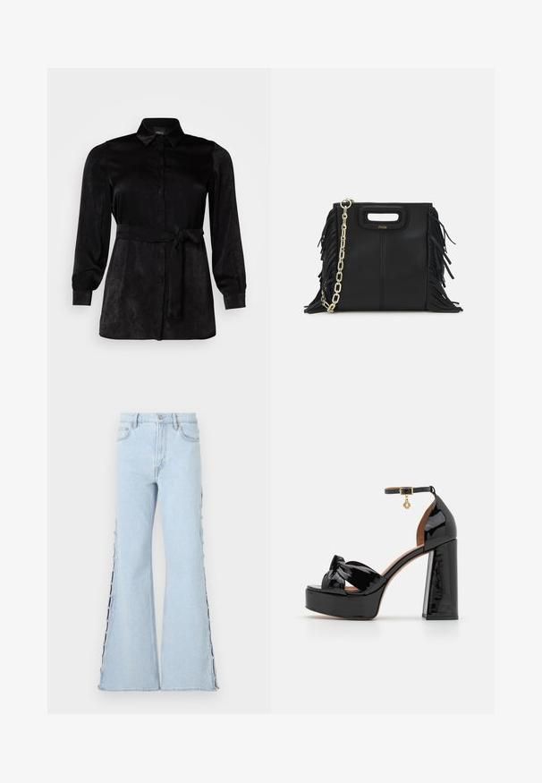 Juoda ilgaapyrkštė bluzonė, pagaminta iš lygaus audinio, su sagčių priekiu, apykakle ir surištu juosmens dirželiu, suteikiančiu dailią siluetą.; Šviesiai mėlyni plačiai išsiplėtę džinsai, pasižymintys aukštu juosmeniu, su mygtukų detale palei šonines siūles ir švelnia džinsinio audinio tekstūra.; Maje Aukštakulniai sandalai - noir; Juodas odinis rankų darbo rankinys su frinzuotomis detalėmis, auksine grandinės petneša ir išpjauto dizaino rankena. Pirmoje pusėje yra logotipo vieta.