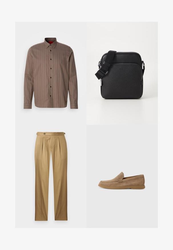 Camicia marrone con bottoni, a righe verticali rosso scuro, in tessuto misto cotone, colletto a punta, maniche lunghe e bottoni neri.; Pantaloni beige con vestibilità dritta, caratterizzati da pinces, chiusura con bottone e passanti per cintura. Tessuto liscio con un aspetto pulito e sartoriale.; Mocassini slip-on in suede marrone con una texture liscia e dettagli cuciti; presentano una suola in gomma per una migliore aderenza.; Borsa a tracolla nera in pelle con superficie texturizzata, dotata di una tasca frontale con zip, cinturino regolabile e dettagli metallici.