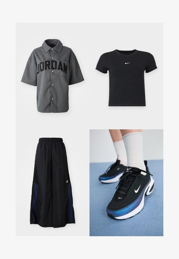 Grå kortermet skjorte med knappeåpning som har "JORDAN" i store sorte bokstaver på forsiden og en brystlomme. Glatt tekstur.; Svart T-skjorte med kort arm laget av bomull med rund hals. Har en hvit Nike-logo på brystet, minimalistisk design og tettsittende fasong.; Svarte vide bukser laget av lett stoff, med et marineblått sidestykke og elastisk midjebånd. Liten hvit logo nederst.; Sorte Nike joggesko med en glatt stoffoverdel, med et gradientdesign fra blått til svart, hvit såle og fremtredende logoaksenter.