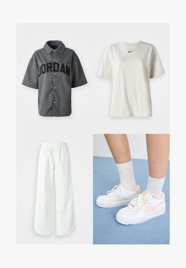 Camiseta cinza de mangas curtas com fecho de botão, apresentando "JORDAN" em grandes letras pretas na frente e um bolso no peito. Textura suave.; T-shirt de algodão branco com decote redondo e mangas curtas. Apresenta um pequeno logo preto da Nike no peito. Design simples e sem adornos.; Calças atléticas largas brancas com uma cintura canelada e um discreto detalhe de logótipo. Tecido suave com um corte relaxado e terminações ajustadas.; Sapatilhas brancas com detalhes em pêssego, parte superior em couro liso, biqueira perfurada, sola texturizada e atacadores. Usadas com meias brancas até ao tornozelo sobre uma superfície azul.