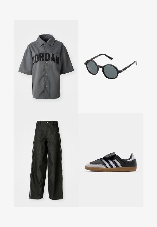 Siva košulja kratkih rukava s dugmetom na prednjem dijelu, na kojoj velikim crnim slovima stoji "JORDAN", te ima džep na prsima. Glatka tekstura.; Crne traperice širokih nogavica s bijelim bočnim prugama, s prednjim džepovima, patentnim zatvaračem i suptilnim logotipom blizu struka.; Crne kožne i sive nubuk tenisice s bijelim prugama, gumeni potplat, vezivanje sprijeda i Velcro remen. Sadrži "Samba" brendiranje u zlatnoj boji.; Okružne sunčane naočale s crnim plastičnim okvirom i tamnosivim sočivima. Ima tanke, ravne drške s minimalističkim detaljima.