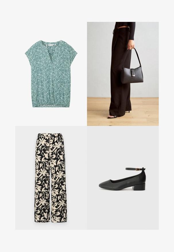 TOM TAILOR Blus - green abstract leaf print; Svart kortärmad topp i slätt material med peplumdesign och bälte i midjan, prydd med två runda knappar i silverfärg.; Svarta vida byxor med ett krämfärgat blommönster. Tillverkade av lättviktig tyg med en slät yta och hög midja.; Svart läderpump med spetsig tå och en låg klack. Har en ankelsnodd med en guldtonad spänne. Slät textur.; Svart handväska med strukturerad form, slät yta och metallspänne. Matchad med vida svarta byxor och sandaler med öppen tå på trägolv.