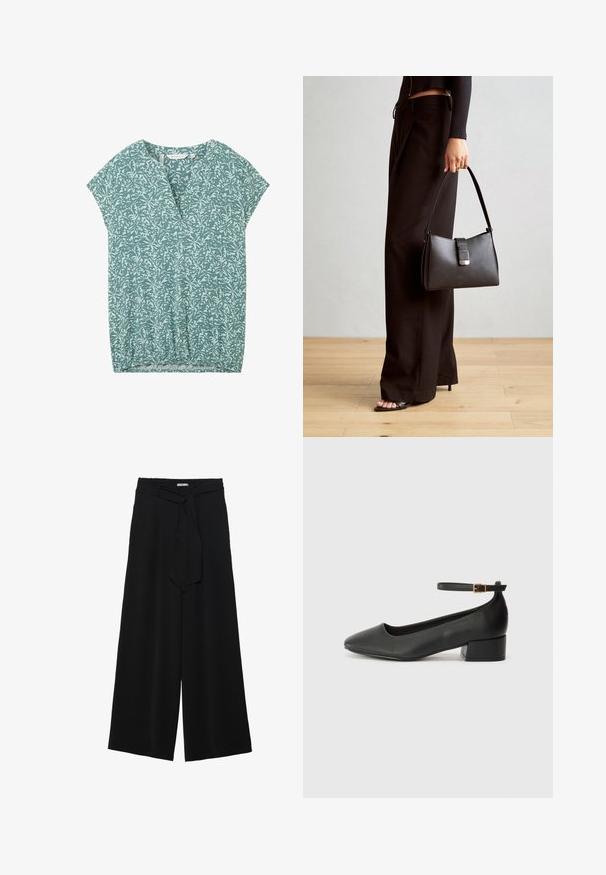 TOM TAILOR Bluse - green abstract leaf print; Schwarze weite Hosen aus strukturiertem Stoff, mit elastischem Bund und einem abnehmbaren Bindegürtel in der Taille für eine verstellbare Passform.; Schwarze Lederpumps mit spitzem Zehenbereich und niedrigem Blockabsatz. Mit einem Knöchelriemen und einer goldfarbenen Schnalle. Glatte Textur.; Schwarze Handtasche mit strukturierter Form, glatter Textur und einem metallischen Verschluss. Kombiniert mit weiten schwarzen Hosen und offenen Sandalen auf einem Holzboden.