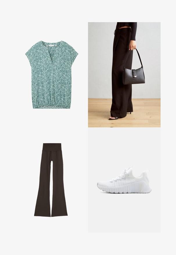 TOM TAILOR Bluse - green abstract leaf print; Dunkelbraune ausgestellte Leggings mit einem breiten, gerippten Taillenbund. Hergestellt aus weichem, dehnbarem Material, mit einem nahtlosen Design und ohne sichtbare Beschläge.; Weißer Sportschuh mit einer strukturierten Oberseite, flacher Schnürung und ausgeprägter Gummisohle mit vertikalen Rillen. Mit einem Logo an der Seite.; Schwarze Handtasche mit strukturierter Form, glatter Textur und einem metallischen Verschluss. Kombiniert mit weiten schwarzen Hosen und offenen Sandalen auf einem Holzboden.