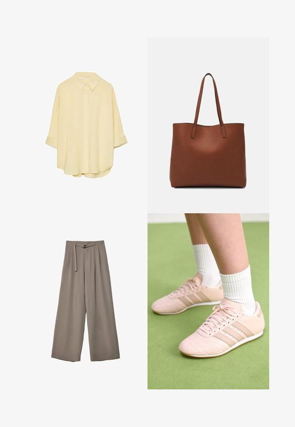 Vaaleankeltainen, napillinen paita pehmeästä kankaasta. Siinä on klassinen kaulus, käännetyt hihat ja rento istuvuus kaarrevahvalla helmalla.; Suurille lahkeille housuille pehmeässä, hillityssä harmaassa kankaassa, jossa on vyötäröllä vyö ja lisää muotoilun yksityiskohtia kuploissa. Sileä rakenne, ei kuvioita.; Vaaleanpunaiset urheilukengät, joissa on vino sauma, valkoiset pohjat ja kolme sivuraidetta. Käänteiset valkoiset sukat päällä vihreällä pinnalla.; Ruskea nahkainen olkalaukku, jossa on sileä pinta, avoin yläosa ja kaksi olkahihnaa. Omaavat vain minimaalisen ompelun eikä näkyvää metalliosaa.