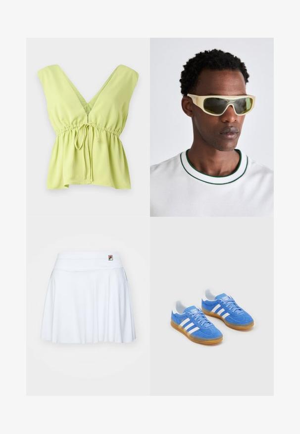 Blouse sans manches vert clair avec un décolleté en V profond, taille froncée et détail à nouer. Confectionnée dans un tissu lisse et léger.; Jupe de tennis blanche en tissu extensible, avec une taille lisse et des plis subtils, accompagnée d'une petite étiquette de logo en haut à gauche.; Baskets en cuir suédé bleu avec des accents rayés blancs, semelle en caoutchouc et col rembourré pour plus de confort. Présente un design classique à lacets.; Lunettes de soleil avec une monture jaune translucide et des verres teintés en vert. Design angulaire avec des branches larges, portées avec une chemise blanche à accents verts.