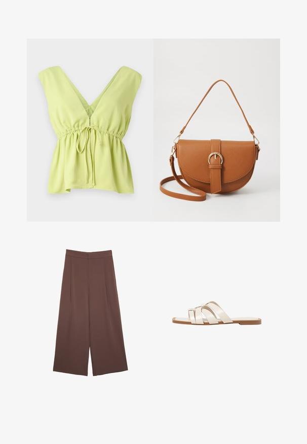 Hellgrüne, ärmellose Bluse mit tiefem V-Ausschnitt, gerafftem Taillenbund und Bindedetail. Hergestellt aus glattem, leichten Stoff.; Braune Weite-Leg-Hosen mit einer glatten Textur, hoher Taille und Vorderfalten. Der Stoff ist leicht und fällt locker.; Flache Sandalen mit einer honigfarbenen Gummisohle, gestaltet mit drei überlappenden weißen Lederriemen und einem kleinen Schleifendetail in der Mitte.; Braune Leder-Crossbody-Tasche mit geschwungener Form, goldfarbenen Beschlägen und einer Schnallenakzentuierung. Verfügt über einen abnehmbaren Schultergurt.