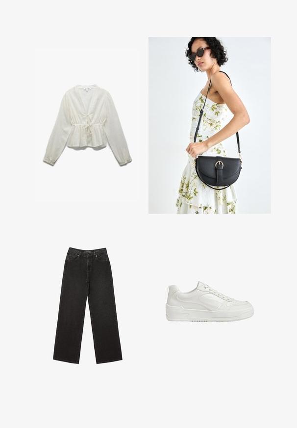 Hvid peplum-bluse lavet af struktureret stof. Har dyb V-udskæring, lange ærmer og en bindedetalje i taljen.; Sorte brede jeans lavet af denim, med små prikkede mønstre, klassisk fem-lomme design og en knap- og lynlåslukning.; Hvide lædersneakers med glat tekstur, polstret ankeldel og perforeret tå. Har en let hævet gummisål og snørebåndsdesign.; Sort læderhåndtaske med en buet form, aftagelig rem og guldfinish. Tasken har en klap med en spænde detalje.