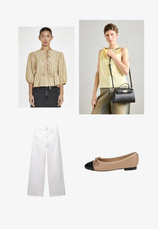 Glamorous TIE FRONT - Bluse - beige brown stripe; Hvide brede ben jeans lavet af denim. Har knaplukning, front- og baglommer samt syede sømme. Glat tekstur med minimal detaljering.; Ballet flade i beige læder med spids sort tå. Har en frontsløjfe detalje og en glat tekstur. Lav profil design med en gummisål.; Sort læderhåndtaske med struktureret design, topbærerhåndtag og justerbar rem. Glat tekstur og detaljer med guldlås.