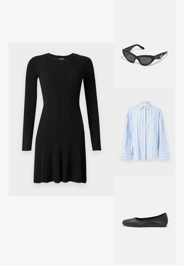 Malina CLASSIC - Button-down blouse - blue; Black ribbed knit dress with long sleeves, round neckline, and flared hem. Smooth texture with vertical stripes and fitted silhouette.; Black leather ballet flat with a rounded toe, smooth texture, minimal stitching detail, and a flexible sole design.; Cat-eye sunglasses with a matte black plastic frame, dark lenses, and a gold logo accent on the temple. Angular design and smooth texture.
