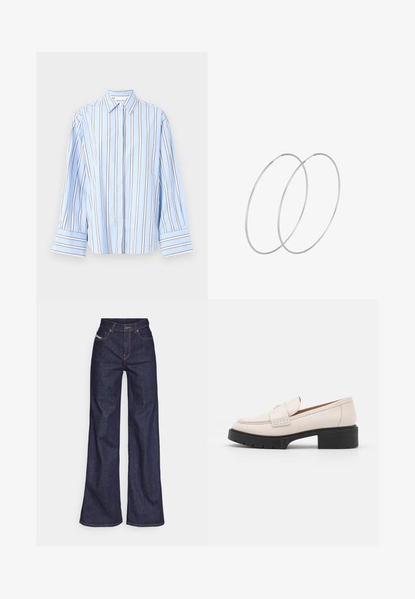 Malina CLASSIC - Bluza z gumbi - blue; Temno modri široki kavbojke iz denima z visokim pasom, ki imajo oranžne šive, pet žepov in gumba za zapiranje.; Svetlo bež usnjeni loaferji z šivanim sprednjim delom in teksturiranim črnim podplatom. Imajo ukrivljen dizajn in drobno dvigovanje.; Srebrne uhane v obliki obroča z minimalističnim dizajnom. Krožna oblika, gladka tekstura in tanek profil. Lahki s poliranim zaključkom.