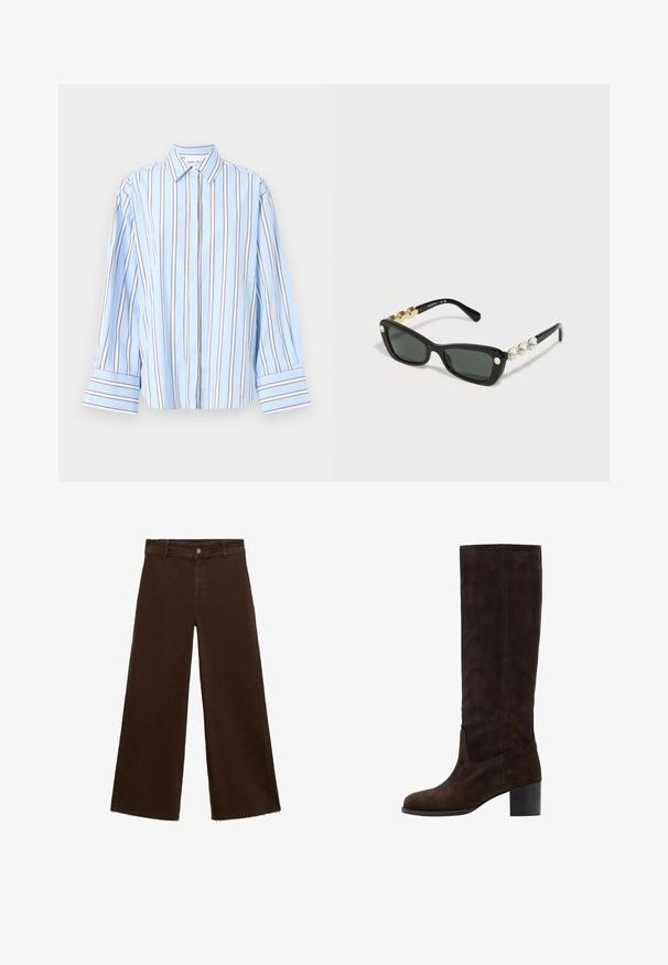 Malina CLASSIC - Blúzka so zapínaním na gombíky - blue; Hnedé široké nohavice z bavlnenej zmesi, s roztrhnutým lemom, predným zapínaním na gombík a klasickým dizajnom s piatimi vreckami. Minimalistické a všestranné.; Hnedé zamatové kožené vysoké čižmy so štvorcovou špičkou a blokovým opätkom. Hladký povrch a minimálne švy na vonkajšej strane.; Swarovski Slnečné okuliare - black; Mango Veľká kabelka - dark brown; Hnedé kožené rukavice s hladkým povrchom, obsahujúce päť prstov, elastický zápästný okraj a dekoratívne prešívanie pozdĺž okraja.