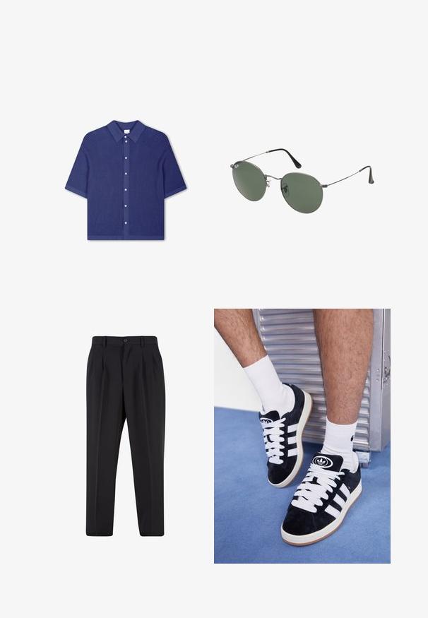 Trumpas rankovės, apykaklės marškiniai tamsiai mėlynos spalvos, turintys tekstūrinį audinį ir mygtukų priekį su apvaliais sidabro atspalvio mygtukais.; Juodi kelnių su raukšlėtu priekiu dizainu, pagaminti iš lygaus audinio. Su mygtuko užsegimu ir diržo kilpomis; tiesios kojų formos.; Juodos zomšos sportbačiai su baltais raišteliais ir trimis baltais dryžiais. Ant liežuvėlio yra apvalus juodas logotipas, o pado medžiaga – guminė.; Metaliniai akiniai su ovaliais žaliais lęšiais. Plonas sidabro spalvos metalinis rėmas ir juodi ausų laikikliai. Minimalistinis dizainas, be matomų logotipų.