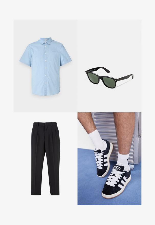 Kratka majica s kratkimi rokavi v svetlo modri barvi s belimi pikami, gumba na sprednji strani, klasični ovratnik in subtilna podrobnost logotipa na prsih.; Črne hlače z nabranim sprednjim delom, narejene iz gladkega materiala. Imajo gumbasto zapiranje in zanke za pas; ravne hlačnice.; Črne semiš teniske z belimi vezalkami in tremi belimi črtami. Imajo okroglo črno oznako na jezičku in gumijast podplat.; Črne plastične sončna očala z zelenimi lečami, kvadratni okvirji, srebrni detajl na obrvi in teksturirani ročaji. Blagovna znamka navedena na notranji strani ročaja.