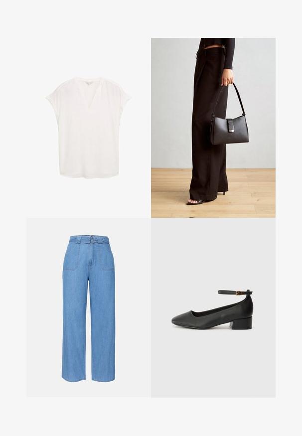 Camicia bianca con scollo a V e maniche corte arrotolate. Realizzata in tessuto leggero, presenta una vestibilità ampia e orlo dritto. Senza fantasie o decorative.; Pantaloni larghi in denim azzurro chiaro con vita con cintura, due tasche anteriori e una texture semplice. Presentano un design minimalista e linee pulite.; Pump in pelle nera con punta affusolata e tacco basso a blocco. Presenta una cinghia alla caviglia con una fibbia in tonalità oro. Texture liscia.; Borsa nera con forma strutturata, texture liscia e una chiusura metallica. Abbinata a pantaloni neri larghi e sandali open-toe su un pavimento in legno.