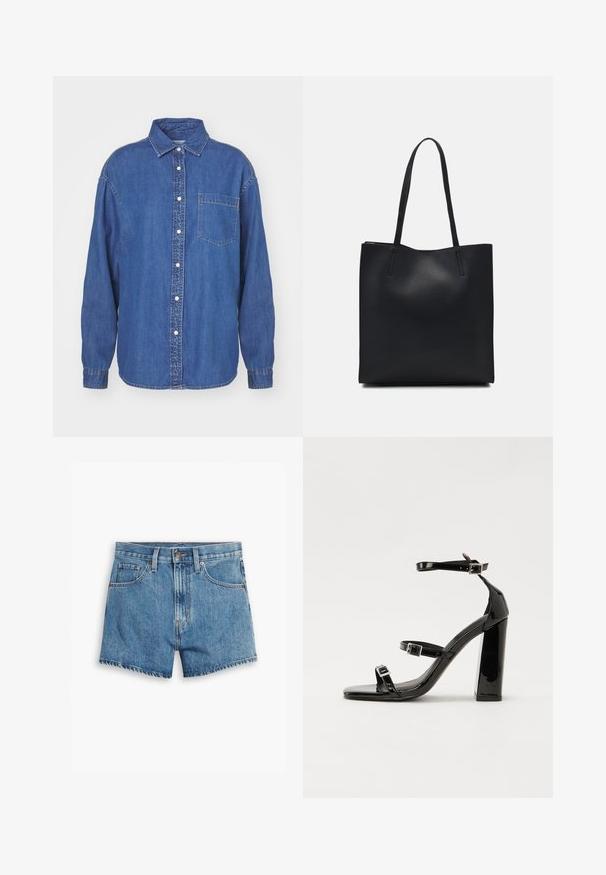 Tumesinine teksasest särk, millel on nööbiga ette, krae ja üks rinna tasku. Pikad varrukad nööpidega mansettidega. Klassikaline disain.; Heledad teksapüksid helesinisena, millel on viis taskut, tõmblukk ja nööpkinnitus. Varrukad on lõdvenenud ja servad on kulunud.; Mustad läikiva lakknahaga kõrge kontsaga sandaalid kahe pandlaga, kandilised varbad ja jäme plokk-kontsaosa, millel on sile ja läikiv tekstuur.; Mustast nahast kott sujuva tekstuuriga, ristkülikukujuline ja kahe pika sangaga. Pole nähtavat riistvara ega kaunistusi.