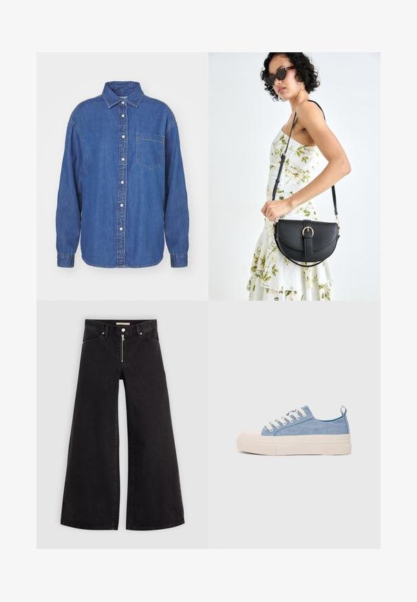 Denimová košeľa v tmavomodrej farbe, so zapínaním na gombíky, golierom a jednou náprsníkovou vreckom. Dlhe rukávy s gombíkovými manžetami. Klasický dizajn.; Dlhé nohavice vo voľnom strihu z čierneho denimu so zipsom vpredu, päť vrecúškovým dizajnom a jemnými stehovými detailmi. Hladká textúra a neformálny štýl.; Svetlomodré plátené tenisky s krémovou gumovou špičkou a podrážkou, obsahujúce biele šnúrky a pútko na päte.; Čierna kožená kabelka s zaobleným tvarom, odnímateľným popruhom a zlatými doplnkami. Kabelka má klopu s detailom s prackou.