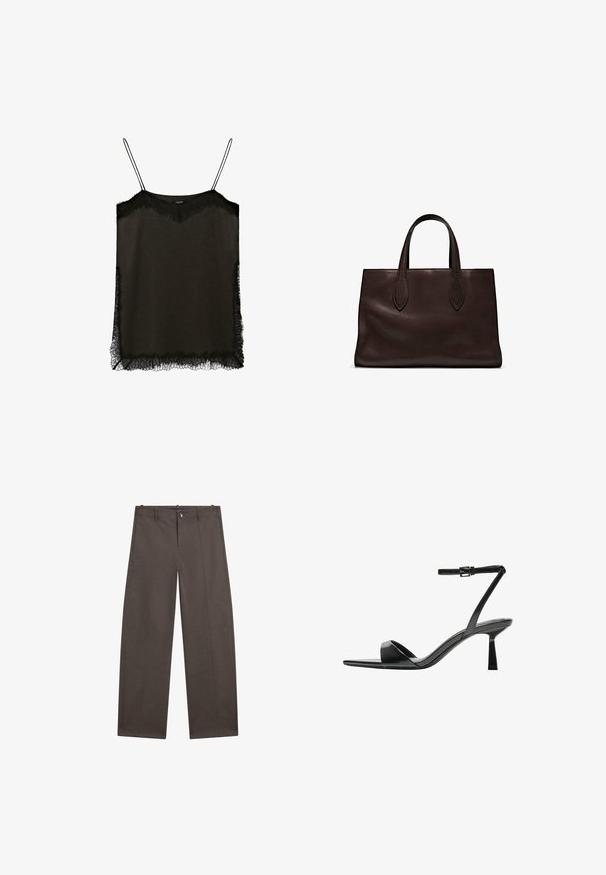 Schwarzes Spaghettiträgershirt mit verstellbaren Trägern, verziert mit Spitzenbesatz entlang des Rundhals- und Saumbereichs. Hergestellt aus einem weichen, durchsichtigen Stoff.; Weite Hosen aus dunkelbraunem Stoff. Mit einem Knopfverschluss, zwei vorderen Taschen und einer glatten Textur mit sauberen Nähten.; Bershka High Heel Sandalette - black; Braune Ledertasche mit zwei langen Griffen, strukturierte rechteckige Form, glatte Textur und dezente Nähdetails.