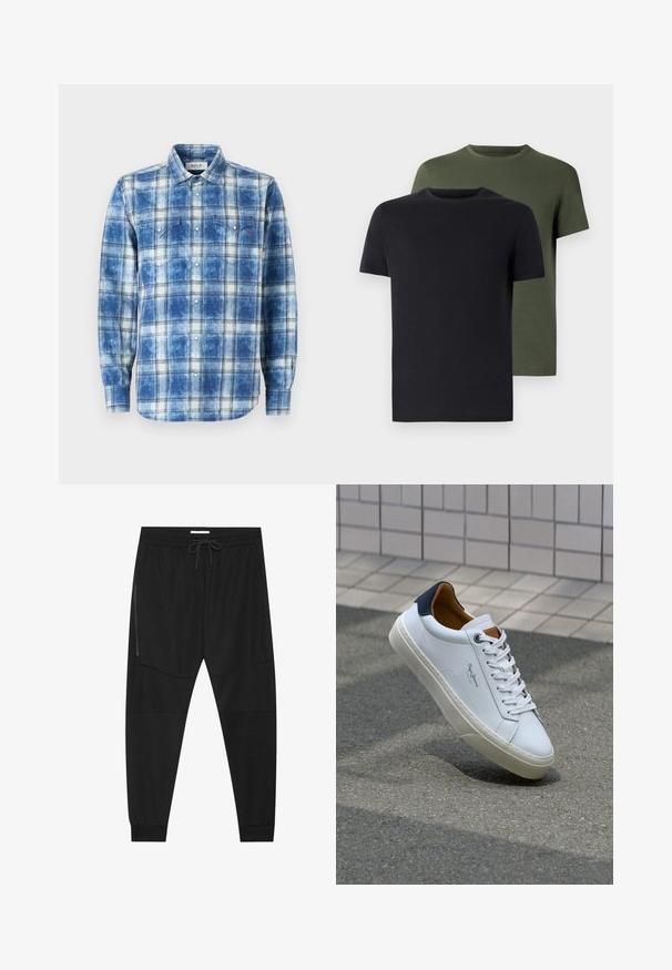 Kék kockás, hosszú ujjú, gombos ing, megviselt textúrával, két mellzsebbel és egy kis piros logóval.; Két crew neck póló fekete és olíva zöld színben, puha pamut anyagból. A design egyszerű, rövid ujjú és egyenes szabású.; Fekete sportnadrág texturált anyagból, állítható derékkal, cipzáras oldalzsebbel és szűkített szegéllyel.; Fehér bőr sneaker sötétkék sarkúval, kerek orral és kontrasztos barna részletekkel. Lapított fűzőkkel és textúrált gumitalppal rendelkezik.