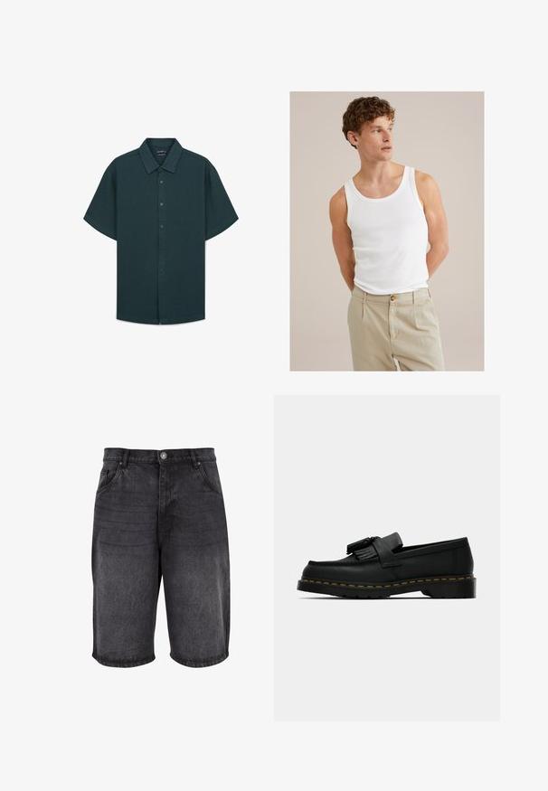 Kurzarmhemd in dunklem Petrol, aus strukturiertem Stoff. Mit einer Knopfleiste und einem klassischen Kragen sowie einem geraden Saum.; Weißes Baumwoll-Top mit rundem Ausschnitt und breiten Trägern, kombiniert mit hellbeigen Hosen mit einem Knopf und Falten.; Schwarze Jeansshorts mit lockerer Passform, fünf Taschen Design und Knopfverschluss. Der Stoff hat eine glatte Textur mit dezentem Verblassen.; Schwarzer Lederloafer mit Quasten, gelben Nähten entlang der Sohle und einer dicken, gerippten Gummisohle.