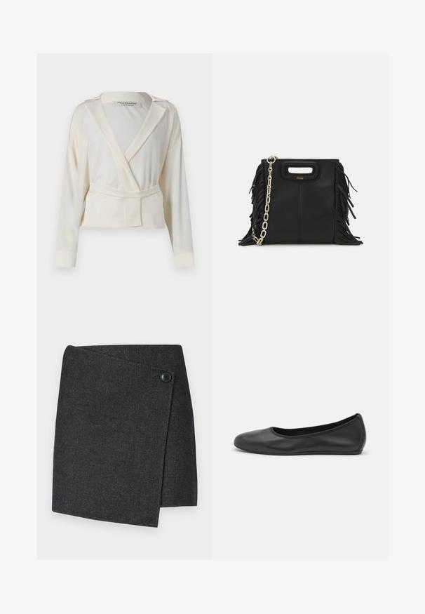 Zkrácený blazer z ivory saténu, který má překládaný design, klopové límce, dlouhé rukávy a pásek na zavazování v pase.; Tmavě šedá zavinovací sukně vyrobená z texturované tkaniny, s knoflíkovým zapínáním na levé straně a asymetrickým lemem.; Černé kožené baletní byty s kulatou špičkou, hladkou texturou, minimálními švy a flexibilním designem podrážky.; Černá kožená kabelka s třásněmi, zlatým řetízkovým ramenním popruhem a rukojetí s výřezem. Na přední straně se nachází logo.