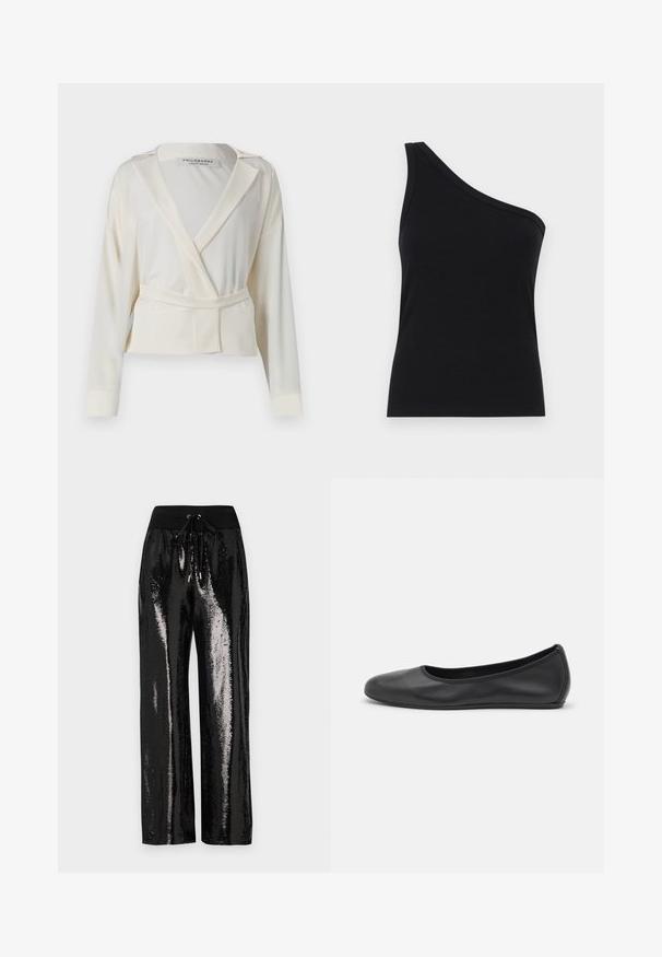 Gekürzter Blazer aus ivory Satin mit Wickeldesign, Reverskragen, langen Ärmeln und einem Bindegürtel in der Taille.; Schwarzes, geripptes Tanktop mit einem Schulterdesign, tailliert und aus einem weichen Material gefertigt. Es hat einen klaren, minimalistischen Schnitt und einen glatten Halsausschnitt.; Schwarze Pailletten-Hosen mit weitem Bein und elastischem Bund mit Kordelzug. Der Stoff hat eine reflektierende, glänzende Textur.; Schwarze Leder-Ballettschuhe mit abgerundeter Spitze, glatter Textur, minimalen Nähdetails und einem flexiblen Sohlen-Design.