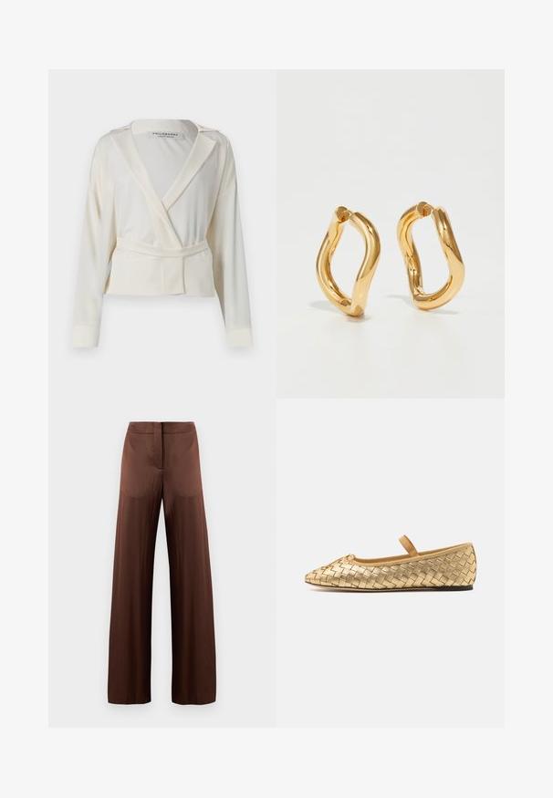 Krótkiej długości marynarka z satyny w kolorze ecru, z fasonem opakowanym, klapami, długimi rękawami oraz wąskim paskiem do związania w talii.; Brązowe spodnie o szerokich nogawkach wykonane z gładkiego, lekkiego materiału, z płaskim przodem, bez kieszeni i prostym krojem.; Loeffler Randall LEONIE złoty; Złote kolczyki w kształcie obręczy o zakrzywionym, nieregularnym kształcie oraz gładkiej, wypolerowanej powierzchni. Brak widocznych elementów sprzętowych lub akcentów.