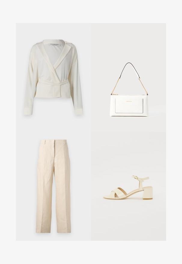 Zkrácený blazer z ivory saténu, který má překládaný design, klopové límce, dlouhé rukávy a pásek na zavazování v pase.; Bežové lněné kalhoty s volným střihem, sklady na přední straně a rovnými nohavicemi. Mají pas s poutky na opasek a žádné viditelné kapsy.; Beige lakované sandály na podpatku s křížovými pásky, otevřenou špičkou, nastavitelními nártními pásky a blokovým podpatkem. Hladký povrch.; Bílá kožená kabelka s texturovaným povrchem, zdobená zlatým řetízkem a černými akcenty. Obsahuje přední kapsu a uzavírání na zip.