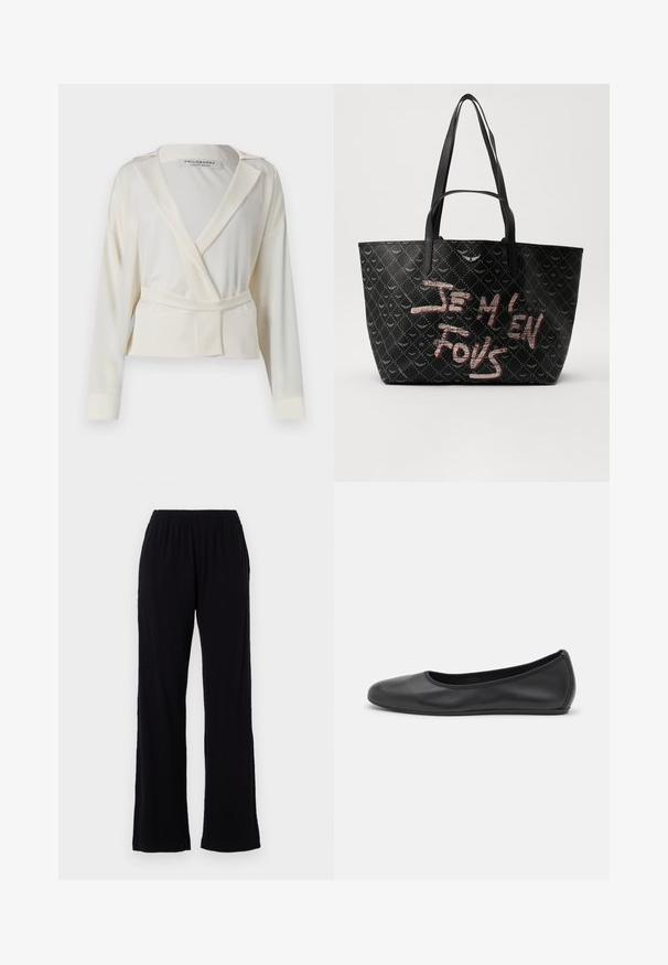 Pusiau prigludęs švarkas iš dramblio kaulo satino, pasižymintis apvyniota dizainu, iškirptais atlapais, ilgomis rankovėmis ir savarankiškai surišamu diržu juosmens srityje.; Juodos, lengvos, elastingos juosmens kelnės su tiesiu pjūviu. Minkšta tekstūra, be matomų raštų ar akcentų. Paprastas ir universalus stilius.; Juodai odiniai baletai su apvaliu pirštu, lygi texture, minimalus siuvimo detales ir lanksčiu padų dizainu.; Juodas tote krepšys su tekstūruotu paviršiumi, turintis deimanto raštą, petines diržes ir ryškiai raudonai baltą tekstą „JE M'EN FOUS.“
