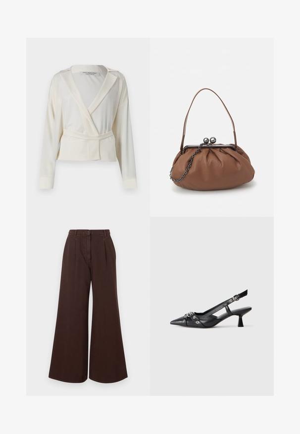 Cropped blazer in ivory satin, featuring a wrap design, notched lapels, long sleeves, and a self-tie belt at the waist.; High-waist wide-leg brown pants with button and zipper closure, belt loops, and front pleats.; Black leather slingback shoe with a pointed toe, decorative straps featuring metal eyelets, and a low block heel. Textured surface.; Brown leather handbag with a gathered design, a short leather handle, and a chain strap. Features a silver metal clasp with two round accents.