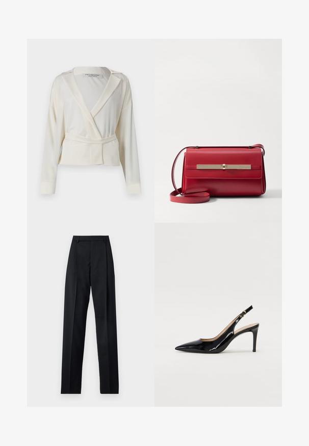 Pusiau prigludęs švarkas iš dramblio kaulo satino, pasižymintis apvyniota dizainu, iškirptais atlapais, ilgomis rankovėmis ir savarankiškai surišamu diržu juosmens srityje.; Juodos kelnės iš lygaus audinio, pasižyminčios aukštu liemeniu, plačiomis kojomis, priekinėmis klostėmis ir klasikiais diržo kilpomis. Šoninių kišenių nematyti.; Juodas lakinės odos slingback batelis su smailiu nosiu, plonu kulnu ir subtiliu išpjovos dizainu. Yra auksinė sagtis ant dirželio.; Stuart Weitzman POSH SHOULDER BAG - Rankinė per petį - cherry