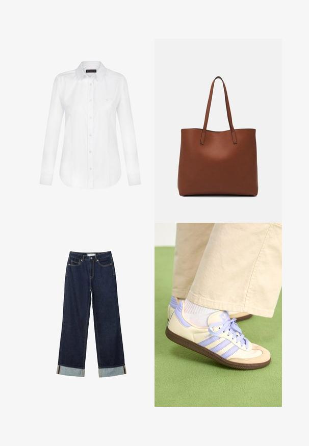 Felix Hardy Overhemdblouse - white; Donkerblauwe wijde jeans met een hoge taille, voorzien van omgeslagen manchetten, contrasterende stiksels en een vijf-pocket ontwerp. Gemaakt van denim stof.; Crème- en lavendel-sneakers met drie strepen en een gestructureerde bruine zool, voorzien van veters en een gewatteerde hiel. Zachte stoffen bovenkant.; Bruine leren tote bag met een gladde textuur, een ontwerp met een open bovenkant en twee schouderbanden. Kenmerkt zich door minimale stiksels en geen zichtbare hardware.
