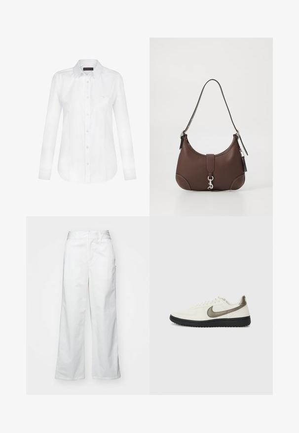Felix Hardy Nööpidega pluus - white; Valged laiad püksid, mis on valmistatud puuvillast, omavad siledat tekstuuri, sirget lõiget, eesmine taskud ja puhtad äärised.; Nike Sportswear FIELD GENERAL - Tossud - off-white/black; Pruun nahast käekott ümmarguse kujuga, hõbedaste detailide ja dekoratiivse õmblusega. Omab õlarihma ja klambri sulgemist.