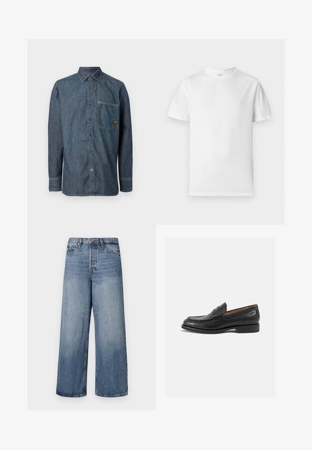 Camisa de mezclilla de manga larga con botones, cuello puntiagudo y bolsillo en el pecho que presenta una pequeña etiqueta de marca marrón.; Camiseta blanca de manga corta, hecha de algodón suave. Presenta un cuello redondo y un dobladillo recto con un detalle mínimo.; Jeans de denim azul de pierna ancha con un lavado descolorido, diseño de cinco bolsillos y cierre de botón. Equipados con trabillas y detalles de costura.; Mocasines de cuero negro con un acabado suave, punta redondeada y costuras decorativas en la parte superior. Tacón bajo apilado y un ligero brillo.