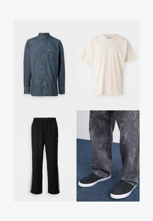 Denim long-sleeve button-up shirt with pointed collar and chest pocket featuring a small brown brand label.; Cream cotton t-shirt with a round neckline and short sleeves; features a small, light-colored logo on the chest.; Black athletic pants with an elastic waistband, featuring white side stripes and a small logo. Material appears soft and lightweight.; Black slip-on shoes with white sole, textured, paired with grey jeans featuring a subtle patterned design, set against a blue carpet background.