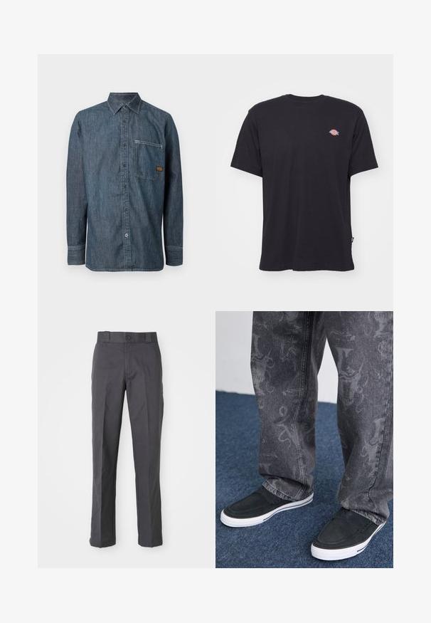 Denim pikaõlgadega nööbitav särk terava kraega ja rinna taskuga, millel on väike pruun brändimärk.; Must must T-särk lühikeste varrukatega, ümmarguse kaelusega ja väike värviline logo vasakul rinnal. Omab sirget alumist äärt.; Tumedat hallid puuvillasegustest pükstest, mis on sirge sääre disainiga, ees olevate taskutega ja nööpkinnitusega vööl.; Mustmustusega mustad libiseda kingad valge tallaga, tekstureeritud, koos hallide teksadega, millel on õrn muster, seistes sinise vaiba taustal.