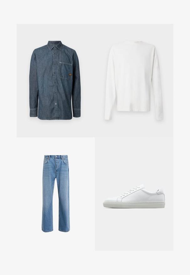 Denim long-sleeve button-up shirt with pointed collar and chest pocket featuring a small brown brand label.; Long-sleeved white cotton shirt with a round neckline, side slits at the bottom, and a smooth texture, displayed from the back.; Light blue denim jeans with a straight-leg design, five pockets, button closure, minimal fading, and contrasting stitching details.; White sneaker with a smooth leather upper and a low profile. Features a rounded toe, six eyelets, and a textured rubber sole.