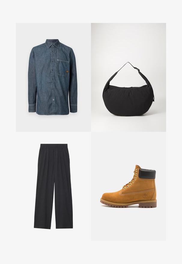 Denim-Hemd mit langen Ärmeln, Knopfleiste und spitzem Kragen sowie einer Brusttasche, die mit einem kleinen braunen Markenetikett versehen ist.; Weit geschnittene Hosen aus dunkelgrauem Stoff. Merkmale sind Falten an der Taille, ein maßgeschneiderter Schnitt und eine gerade Silhouette.; Beige Wildleder-Ankle-Boot mit schwarzem gepolstertem Kragen, goldenen Metallösen, weißen Nähdetalben und einer robusten Gummisohle mit ausgeprägtem Profil.; Schwarze Schultertasche aus Stoff mit geschwungener Form, ausgestattet mit einem einzigen Tragegurt und einem Reißverschluss. Weiche Textur, minimalistisches Design.