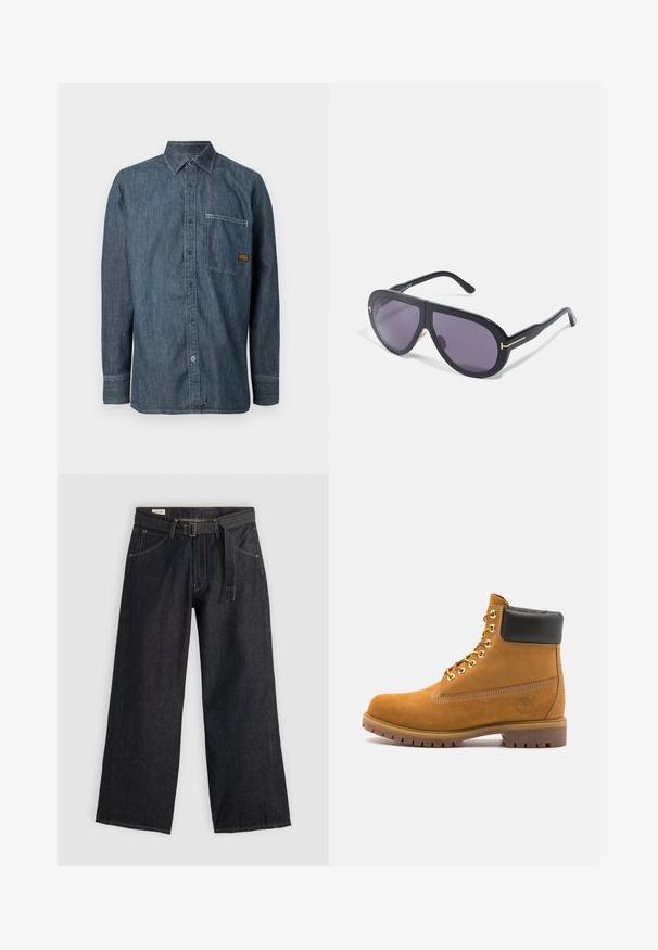 Dżinsowa koszula z długim rękawem, zapinana na guziki, z wyłogowym kołnierzykiem i kieszenią na piersi, z małą brązową metką z logo.; Ciemnoniebieskie spodnie o szerokich nogawkach z paskiem w talii, z kieszeniami z przodu i kontrastowym przeszyciem. Gładka tekstura z minimalistycznym wzornictwem.; Beżowe zamszowe botki sięgające kostki z czarną wyściełaną krawędzią, złotymi oczkami, białymi detalami szycia oraz wytrzymałą gumową podeszwą z wyraźnym bieżnikiem.; Czarne okulary przeciwsłoneczne z przerośniętymi, kanciastymi oprawkami, ciemnofioletowymi soczewkami i złotymi akcentami na ramionach. Matowe wykończenie z gładką teksturą.