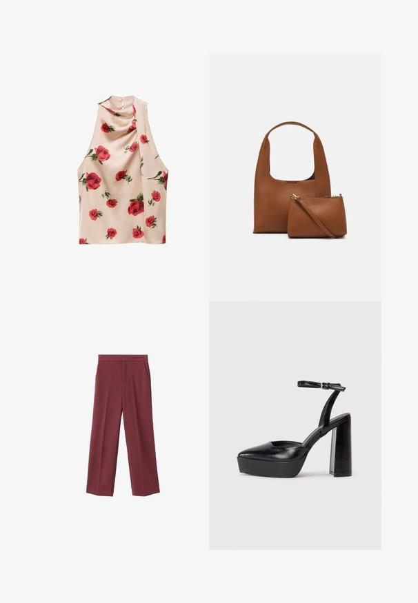 Beżowa bluzka bez rękawów z miękkiego, zwiewnego materiału. Posiada czerwony nadruk w róże oraz zapięcie na guziki z tyłu.; Bordowe spodnie typu wide-leg o gładkiej teksturze, z bocznymi kieszeniami i wysokim stanem. Skrojone z wyraźnym zagięciem z przodu.; Czarne platformy na wysokim obcasie z szpiczastym noskiem i regulowanym paskiem na kostkę. Wykonane z gładkiej skóry, z grubym słupkowym obcasem.; Brązowa syntetyczna torebka z zakrzywionym uchwytem i gładką fakturą. Zawiera pasującą małą saszetkę z zamkiem błyskawicznym. Minimalistyczny design.
