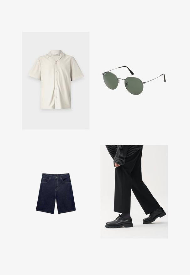 Camicia beige chiara a maniche corte, con colletto a punta, texture a coste e cinque bottoni rotondi sul davanti.; T-shirt bianco in cotone con maniche corte, scollo rotondo e vestibilità rilassata. Texture liscia senza pattern o dettagli visibili.; Shorts in denim di un blu scuro, caratterizzati da un taglio classico, design a cinque tasche e cuciture a contrasto. Tessuto liscio con una cintura robusta.; Scarpe in pelle nera con punta arrotondata, design con lacci e suola spessa e texture. Indossate con pantaloni neri su misura e un maglione a coste.; Occhiali da sole con montatura in metallo e lenti verdi ovali. Montatura sottile in metallo argento e terminali neri. Design minimalista, senza loghi visibili.