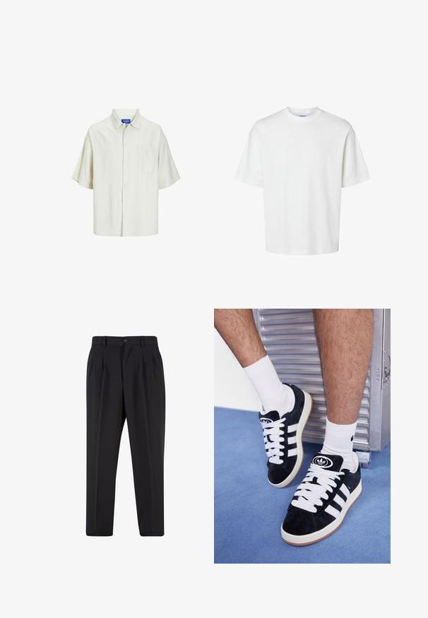 Īsa piedurkne ar pogām aprīkota krekls gaiši krēmkrāsā, ar vienu krūšu kabatu, brīvu piegriezumu un klasisku apkakles dizainu.; Balts kokvilnas T-krekls ar īsām piedurknēm, apaļu kakla izgriezumu un brīvu piegriezumu. Gluda tekstūra bez redzamām rakstu vai akcentu detaļām.; Melni brīvie bikses ar krokotu priekšpusi, izgatavotas no gludas auduma. Iespējama poga aizdare un jostas cilpas; taisnu kāju forma.; Melni zamšaini sporta apavi ar baltiem šņorēm un trim baltām svītrām. Iekļauj arī apaļu melnu logotipu uz mēles un gumijas zoli.