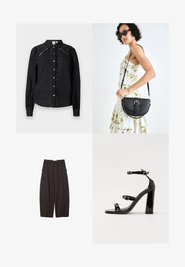 Black button-up shirt featuring long sleeves, embroidered accents along the sides, and contrasting buttons. Crisp fabric with a structured collar.; Black wide-leg trousers made from a smooth fabric, featuring a high waist, front pleats, and side pockets. Simple design without embellishments.; Black patent heeled sandals with a square toe, ankle straps, and silver buckles. Features a chunky block heel for stability.; Black leather handbag with a curved shape, detachable strap, and gold hardware. The bag features a flap with a buckle detail.
