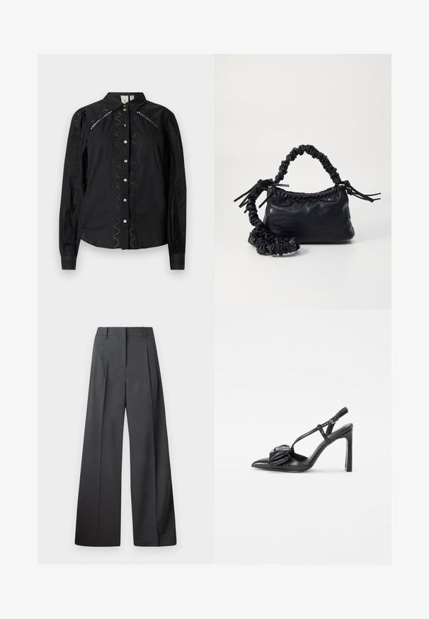 Črna srajca z gumbi, ki ima dolge rokave, vezenine na straneh in kontrastne gumbe. Svež material z oblikovanim ovratnikom.; Široke hlače iz temno sive tkanine, z visokim pasom, enim pregibom ter gladko teksturo z čisto obrobo na robovih.; Črna črna čevlja s peto z ozkim prstom, sijajno teksturo, tankimi trakovi in dekorativnim nabranim detajlom spredaj.; Črna torbica iz umetnega usnja s krokodilovo teksturo, z zvitim vrhom in zmečkano naramico. Zdi se mehka in kompaktna v oblikovanju.