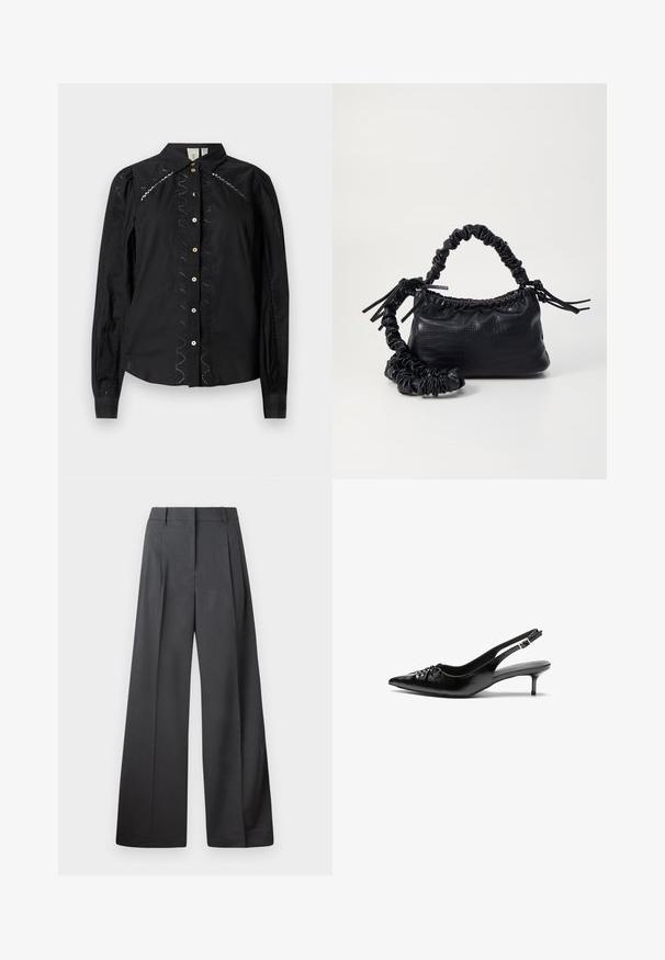 Melna krekla ar garām piedurknēm, ar izšūtām akcentiem gar malām un kontrastējošām pogām. Asu audumu ar strukturētu apkakli.; Platās kājas bikses tumši pelēkā audumā, ar augstu jostasvietu, ar vienu uzpūstu vīli un gludu tekstūru ar tīru apdari ap malām.; Melni ādas sandales ar norādītu pirkstu, mazu kaķa papēdi un dekoratīvu mezglu detaļu priekšā. Gluda tekstūra visā virsmā.; Melnā mākslīgās ādas rokassoma ar krokodila rakstu, savilkta augšdaļa un saburzīta siksna. Izskatās mīksta un kompakta pēc dizaina.