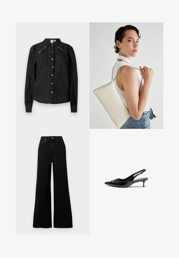 Schwarzhemd mit Knöpfen und langen Ärmeln, gestickten Akzenten an den Seiten und kontrastierenden Knöpfen. Knitterfreier Stoff mit einem strukturierten Kragen.; Schwarze Jeans mit weitem Bein, gefertigt aus Denim, mit hoher Taille, fünf Taschen, vorderer Knopfverschluss und minimalen Nahtdetails.; Schwarze Leder-Slingback-Absätze mit einer spitzen Zehenform, kleinen Kitten-Absätzen und einem dekorativen Knoten-Detail auf der Vorderseite. Glatte Textur über die gesamte Fläche.; Weiße rechteckige Clutch aus glänzendem Material mit einem silbernen Kettenriemen. Das Model posiert und präsentiert die Tasche vor einem schlichten Hintergrund.